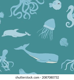 Underwater creatures seamless pattern for wrapping paper, textile, fabric, kids clothes, wallpaper print. Sea and ocean inhabitants: seahorses, octopus, jelly fish and pufferfish, shell