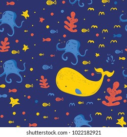 Underwater creatures.cute cartoon seamless pattern with whale, seaweed,octopus,,starfish and fish.