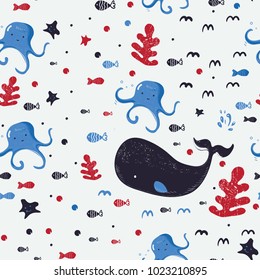 Underwater creatures.cute cartoon seamless pattern with whale, seaweed,octopus,,starfish and fish.