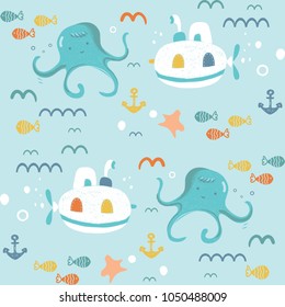 Underwater creatures.cute cartoon seamless pattern with submarine,octopus,anchor,starfish and fish.