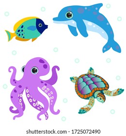Underwater creatures.Dolphin,octopus, turtle, fish. Perfect for invitations,party decorations,printable,craft project,greeting cards,blogs