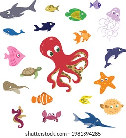 Underwater Cute Adorable Fishes. Fish and Sea Life aquatic world marine life. Octopus turtle starfish and many more.