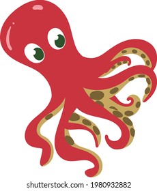 Underwater Cute Adorable Octopus For Kids Books. Animated Hand Drawn Cartoon Illustration Drawing Of Fish And Sea Life.