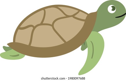 Underwater Cute Adorable Turtle Tortoise Fish for Kids Books and Children Fictional Character. Animated hand drawn cartoon Illustration Sketch of Fish and Sea Life. Fins eyes aquatic world marine life