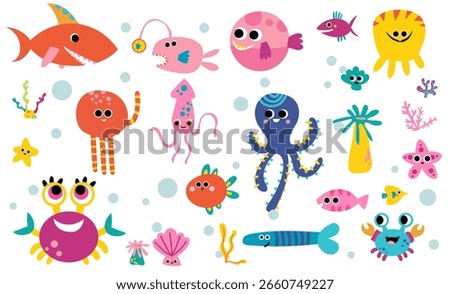 underwater cute animals ocean character vector illustration set. Marine life turtle, jellyfish, seaweed, shark, fish, seashell art vector collection for coloring book. Kid education 