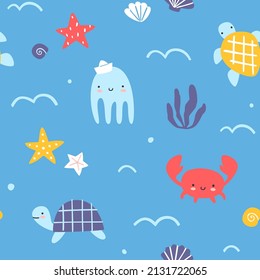 Underwater cute sea animals pattern. Seamless vector print with seabed for textile, fabric, apparel, nursery.