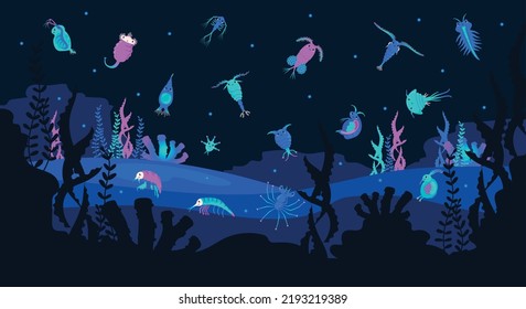 Underwater dark background with glowing plankton and tiny microorganisms, flat vector illustration. Dark sea bottom with zooplankton animals and organisms.