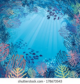 Underwater in daylight. Illustration of sea plants and fish.