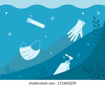 Underwater debris, trash after pandemic coronavirus Covid-19. Latex gloves, plastic bottle sanitizer, medical surgical mask and test flask. Environmental ecology rubbish concept. Vector illustration