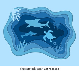 Underwater deep sea background with fish, shark, turtle and coral reefs. Digital paper cut style. Deep blue marine life, diving concept. Ocean wildlife. Vector color illustration.