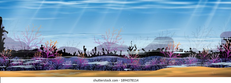Underwater in deep sea blue on island,Panorama bottom of ocean with sun ray shining on underwater creatures,colourful coral reefs,seaweed in natural habitat,Vector horizon marine sea life background