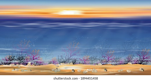 Underwater in deep sea blue on island,Panorama bottom of ocean with sun ray shining on underwater creatures,coral reefs,seaweed and shell in natural habitat,Vector horizon marine sea life background