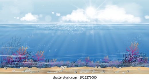 Underwater in deep sea blue with sun and cloud on island,Bottom of ocean with sun ray shining through underwater creatures,coral reefs,seaweed, shell in natural habitat,Vector horizon marine sea life 