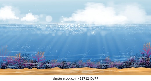 Underwater in deep sea blue with sun and cloud on island,Bottom of ocean with sun ray shining through underwater creatures,coral reefs,seaweed in natural habitat,Vector horizon marine sea life 