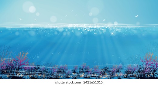 Underwater in deep sea blue with sun and cloud on island,Bottom of ocean with sun ray shining through underwater creatures,coral reefs,seaweed and shell in natural habitat,Vector  marine sea life 