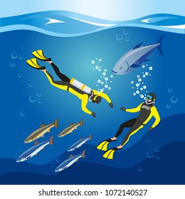 Underwater depths research, divers with scuba equipment and fishes, composition on blue background, isometric vector illustration