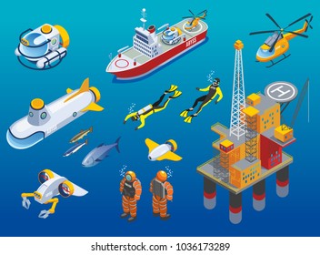 Underwater depths research isometric icons with scientific station, divers, ship, submarine and unmanned equipment isolated vector illustration