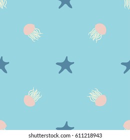 Underwater design of seamless pattern for wrapping, textile, print. Seastar and jellyfish colorful vector illustration elements.