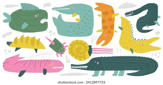 Underwater dinosaurs set. Cute hand drawn doodle dinos collection, turtle, Mosаsaurus, fish, ichthyosaurus, Plesiosaurus, ancient crocodile, nautilus shell. Extinct creatures clipart for kids