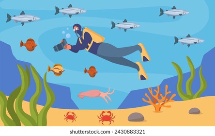 Concepto de buceo submarino. El hombre nada bajo el agua con peces y corales. Flora y fauna. Vida activa y ocio al aire libre. Chico joven con buceo. Ilustración de vector plano de dibujos animados