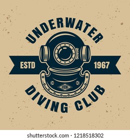 Underwater diving club vector emblem, badge or label with sample text isolated on background with removable textures