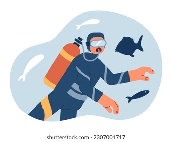 Underwater diving conceptual hero image. Scuba diver exploring sealife 2D cartoon character on white background. Snorkeler with air tank isolated concept illustration. Vector art for web design ui