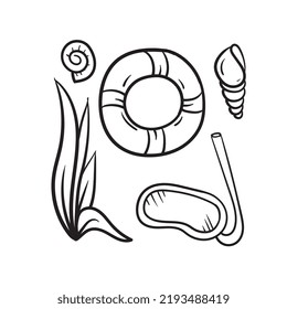 Underwater diving items in doodle style. Vector drawing by hand.