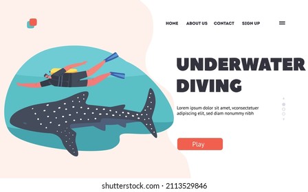 Underwater Diving Landing Page Template. Man Scuba Diver in Swimming Suit and Mask Swim with Shark. Male Character Extreme Water Sport, Dangerous Hobby, Undersea Relax. Cartoon Vector Illustration