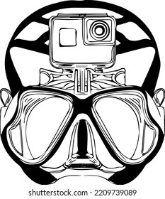 Underwater diving mask with video camera, scuba diver mask with underwater recording camera sketch drawing, Scuba gear and accessories line art vector, Underwater activity diving equipment clip art