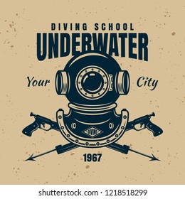Underwater diving school emblem, label, badge or logo template with diver helmet and spear guns vector illustration