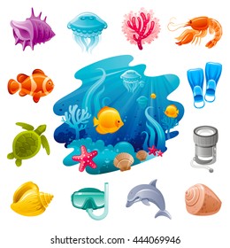 Underwater diving sea travel icon set with vacation summer symbols. White background. Concept icons contain water and beach creatures and diving equipment. Tropical fish, shell,  diving mask, flippers