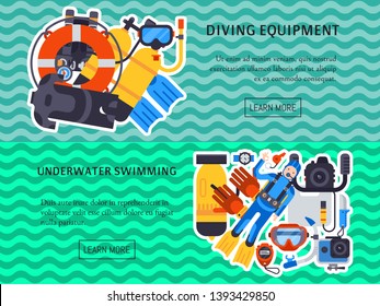 Underwater diving sport banner poster templates vector illustration. Water diving activity scuba dive equipment. Active swimming tourism tools adventure. Snorkeling recreation concept.