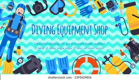 Underwater diving sport banner poster templates vector illustration. Water diving activity scuba dive equipment. Active swimming tourism tools adventure. Snorkeling recreation concept.