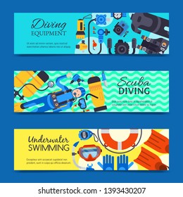 Underwater diving sport banner poster templates vector illustration. Water diving activity scuba dive equipment. Active swimming tourism tools adventure. Snorkeling recreation concept.