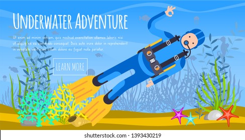 Underwater diving sport banner poster templates vector illustration. Water diving activity scuba dive equipment. Active swimming tourism tools adventure. Snorkeling recreation concept.