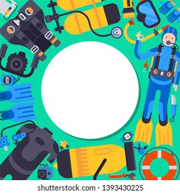 Underwater diving sport banner poster templates vector illustration. Water diving activity scuba dive equipment. Active swimming tourism tools adventure. Snorkeling recreation concept.