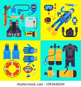 Underwater diving sport banner poster templates vector illustration. Water diving activity scuba dive equipment. Active swimming tourism tools adventure. Snorkeling recreation concept.