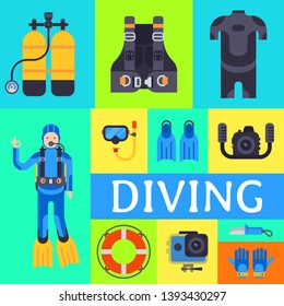 Underwater diving sport banner poster templates vector illustration. Water diving activity scuba dive equipment. Active swimming tourism tools adventure. Snorkeling recreation concept.