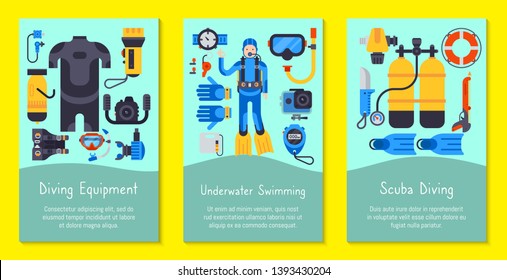 Underwater diving sport cards templates vector illustration. Water diving activity scuba dive equipment. Active swimming tourism tools adventure. Snorkeling recreation concept.