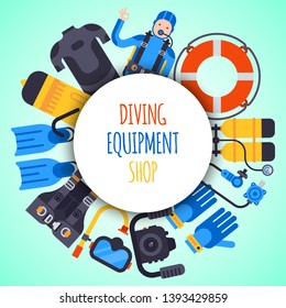 Underwater diving sport shop banner poster templates vector illustration. Water diving activity scuba dive equipment. Active swimming tourism tools adventure. Snorkeling recreation concept.