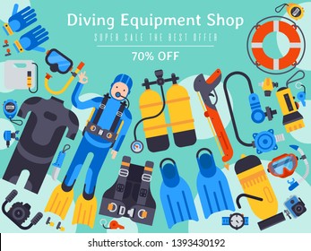 Underwater diving sport shop banner poster templates vector illustration. Water diving activity scuba dive equipment. Active swimming tourism tools adventure. Snorkeling recreation concept.