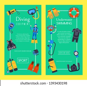 Underwater diving sport shop banner poster templates vector illustration. Water diving activity scuba dive equipment. Active swimming tourism tools adventure. Snorkeling recreation concept.