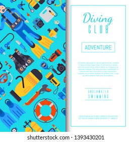 Underwater diving sport shop banner poster templates vector illustration. Water diving activity scuba dive equipment. Active swimming tourism tools adventure. Snorkeling recreation concept.