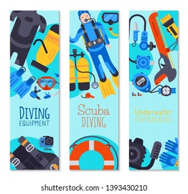 Underwater diving sport shop banner poster templates vector illustration. Water diving activity scuba dive equipment. Active swimming tourism tools adventure. Snorkeling recreation concept.