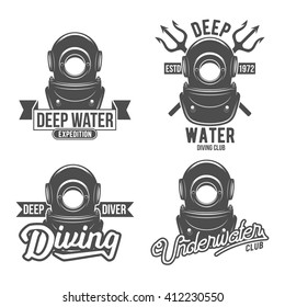 Underwater diving vintage labels set. Sea dive, spearfishing, vector illustration. Diving emblems and designed elements. 