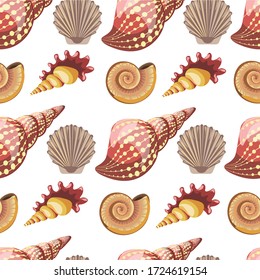 Underwater dwellers seashells and shells seamless pattern. Exotic animals for aquarium or coastal beach theme. Conch and cockleshell, scallops collection of aquatic creatures, vector in flat style