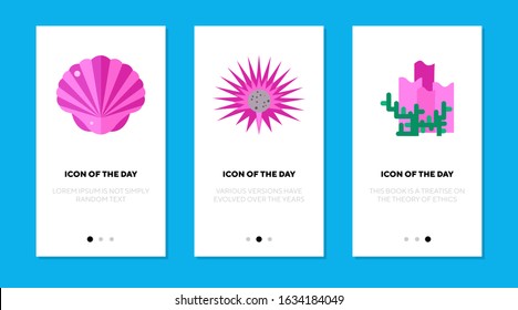 Underwater elements flat icon set. Seashell, corals, gem isolated sign pack. Sea life, ocean wildlife, diving, decoration concept. Vector illustration symbol elements for web design