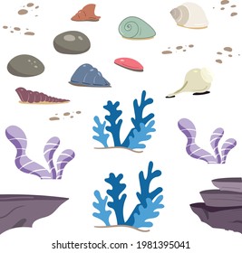 Underwater elements vector pack. Rocks corals reefs and seaweeds.