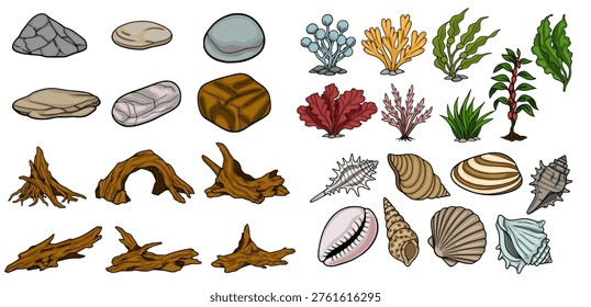 Underwater Elements Vector Set: Stones, Driftwood, Shells, and Seaweed Illustrations