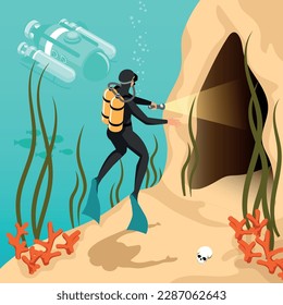 Underwater exploration isometric cartoon background with scuba diver illuminating underwater cave with flashlight vector illustration